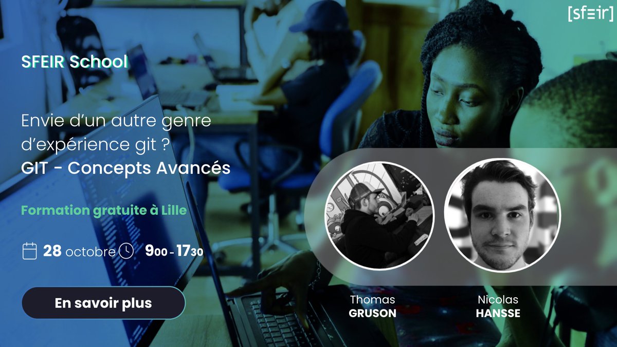 thomgrus's tweet photo. Le 28 Octobre j’aurai le plaisir d’animer une formation Git avec   @Nico385412 dans les locaux de @SFEIR à Lille.
Venez passer la journée avec nous afin de découvrir un autre genre d'expérience avec git!
Programme et inscriptions ici : https://t.co/zWAyt42CgJ
#SFEIR #SFEIRSchool https://t.co/jRfzotilVx