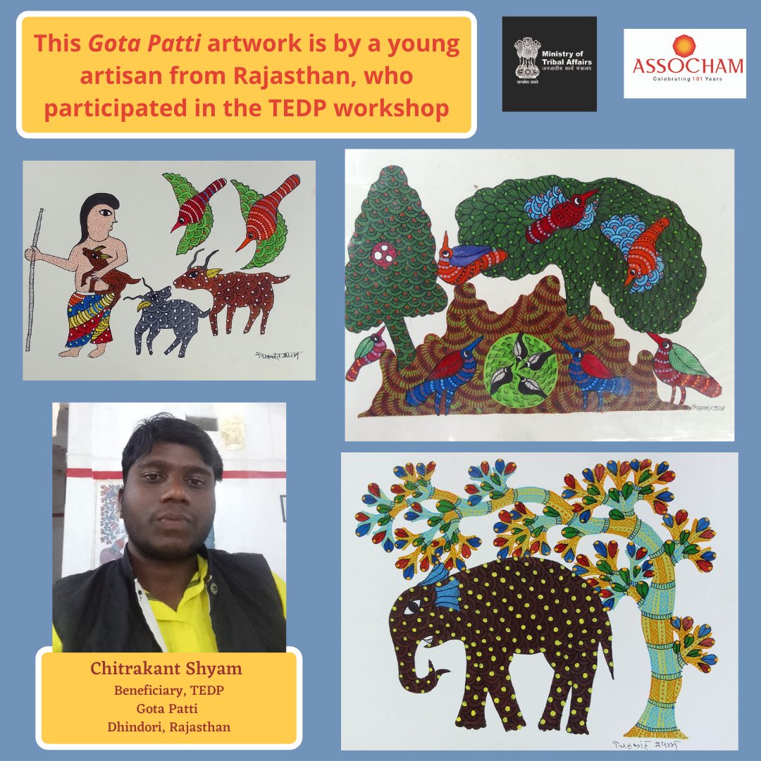 ASSOCHAM4India's tweet photo. Chitrakant Shyam, a Gota Patti artist from #Rajasthan, is a beneficiary of #TEPD, by #ASSOCHAM's COE & @tribalaffairsin.
He was inducted on the basics of #DigitalMarketing through these workshops & showcases some of his beautiful artworks here.
#GrowWithASSOCHAM https://t.co/dAZJyCeiLR