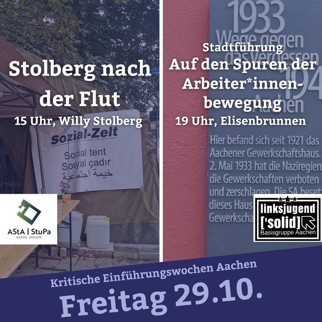 ac_kew's tweet photo. 1/3
Veranstaltungen am 29.10.

15 Uhr | Stolberg nach der Flut | Sozialzelt auf dem Willy-Brandt-Platz in Stolberg
[folgt] 
Mit AStA/StuPa der KatHO Aachen https://t.co/Tt8nPnjvIa