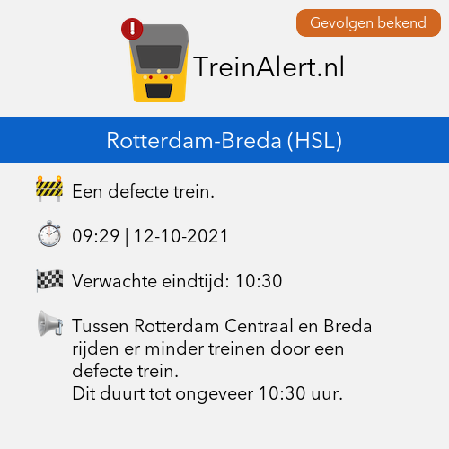 TreinAlert's tweet photo. 🚨 Rotterdam-Breda (HSL)
🚧 Een defecte trein.

Tussen Rotterdam Centraal en Breda rijden er minder treinen door een defecte trein. Dit duurt tot ongeveer 10:30 uur.

#Treinleven #Rotterdam #Breda https://t.co/LL8AQBkshp