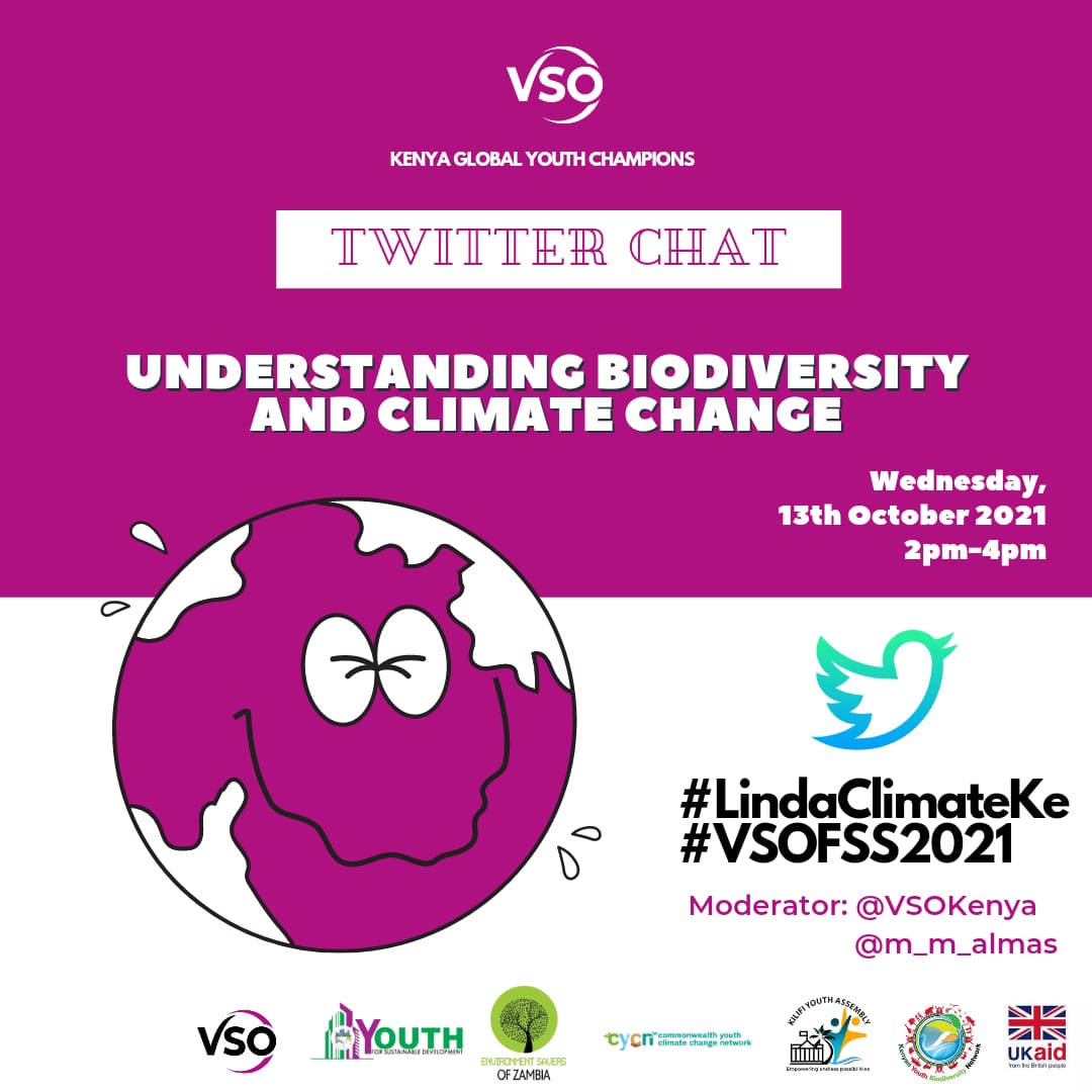 VSOKenya's tweet photo. Pleased to invite you to our media advocacy #TwitterChat on Climate change tomorrow Wednesday 13/10/2021 from 2PM.
Join the conversation with our climate champions and contribute towards impacting a safe planet🌍. #LindaClimate #VSOFSS2021 @Felixangaira https://t.co/o9YT1xjG5o