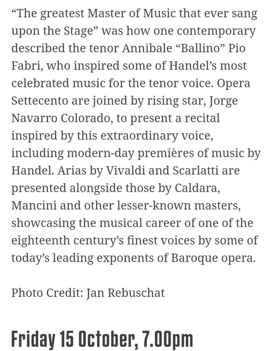 Jorge Navarro Colorado (@jorgencolorado) on Twitter photo This Friday 7pm!
If you're in London, please come and join me and <a href="/SettecentoOpera/">Opera Settecento</a> as we explore some arias, most of which have never been performed since the 18th century, including some by Handel himself!
london-handel-festival.com/show/arias-for…
<a href="/LHandelFestival/">LondonHandelFestival</a>
#baroque #opera #Ballino #tenor This Friday 7pm!
If you're in London, please come and join me and <a href="/SettecentoOpera/">Opera Settecento</a> as we explore some arias, most of which have never been performed since the 18th century, including some by Handel himself!
london-handel-festival.com/show/arias-for…
<a href="/LHandelFestival/">LondonHandelFestival</a>
#baroque #opera #Ballino #tenor