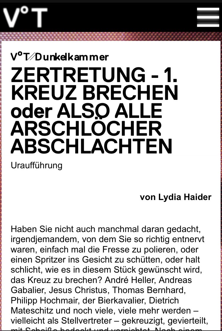 Volkstheater_W's tweet photo. Am Donnerstag eröffnen wir die Dunkelkammer, unsere experimentelle Spielstätte unterm Dach! Hausautorin Lydia Haider macht mit ZERTRETUNG - 1. KREUZ BRECHEN oder ALSO ALLE ARSCHLÖCHER ABSCHLACHTEN den Anfang. Was passiert hier? Darf man* das? Findet es raus!
#vtwien #lydiahaider https://t.co/1KaXJ4Tj9F