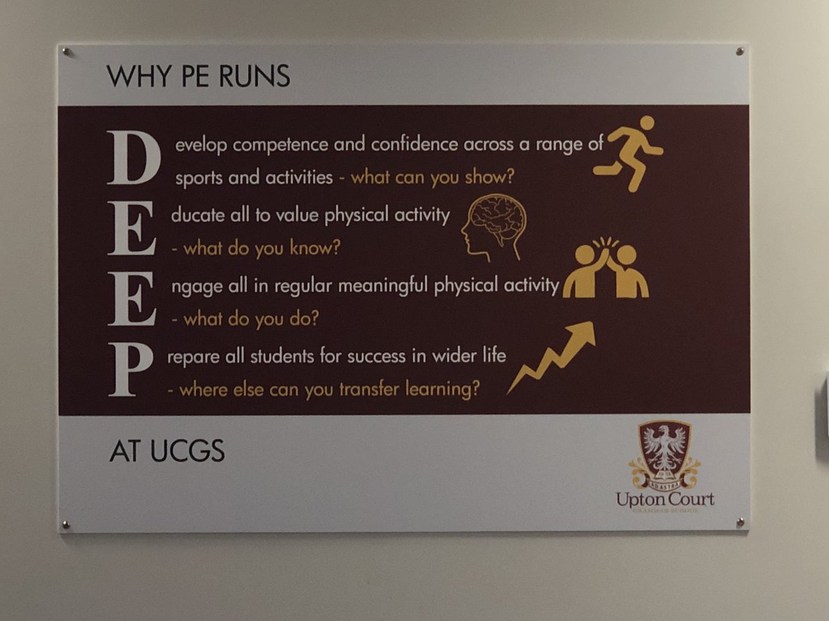 A personal objective since lockdown was to ensure all knew why PE exists at <a href="/UCGSchool/">Upton Court Grammar School</a>. Created our DEEP mnemonic. It’s so important we over communicate our intent in PE for many reasons. In lessons, in conversations, email signatures, assemblies, sports council and now on walls!