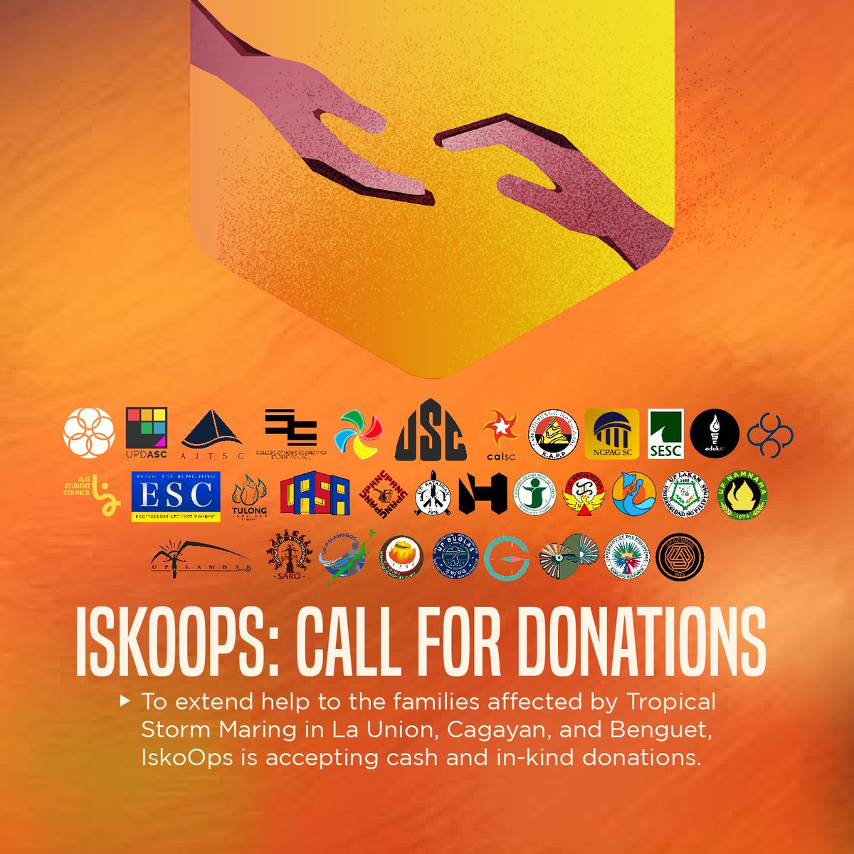 #IskoOps: Call for Donations

Residents in Northern Luzon are experiencing power outages and high floods due to #MaringPH. As a result, affected families are forced to evacuate and some are left homeless.