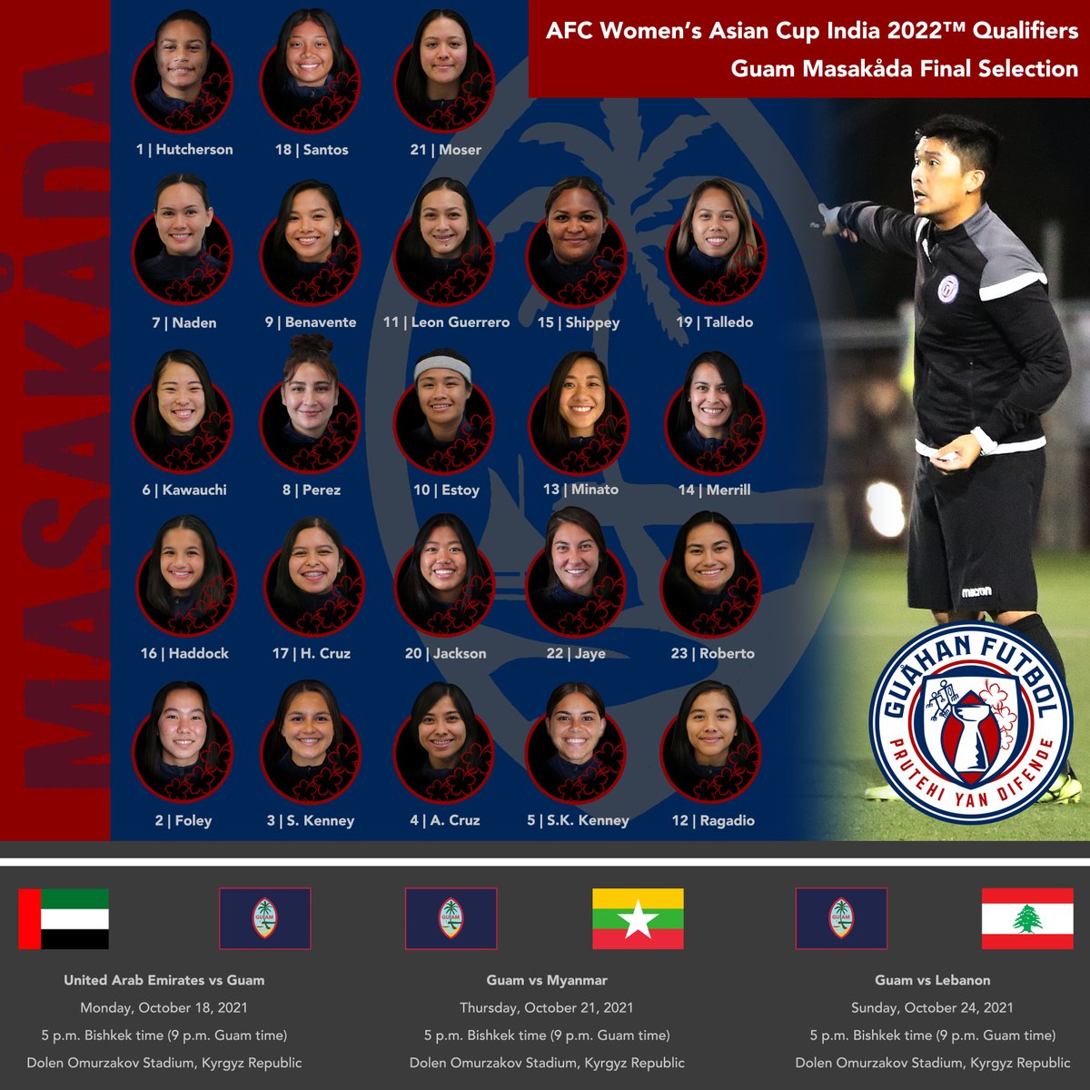 GuamFootball's tweet photo. The Masakåda, Guam Women’s NT, will make its return to the AFC Women’s Asian Cup tournament with 23 players for the Group D qualification round beginning Oct. 18 in Bishkek, Kyrgyz Republic.

Read online: https://t.co/hmRLrcs6OE

#GuamFootball #GuamSoccer #GuahanFutbol #WAC2022 https://t.co/O7NRQo34MQ