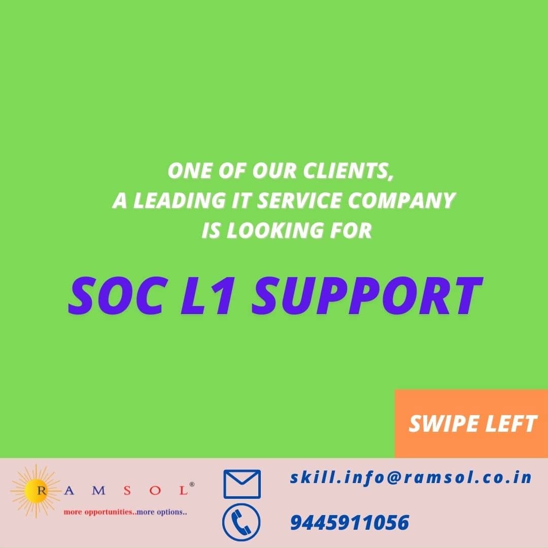 ramsolcorp's tweet photo. Hiring for the role - SOC L1 SUPPORT

#SOCL1SUPPORT #SOC #L1 #SUPPORT #Jobs2021 

Link : https://t.co/dR0pmwaMLe https://t.co/xGtwdlVoF4