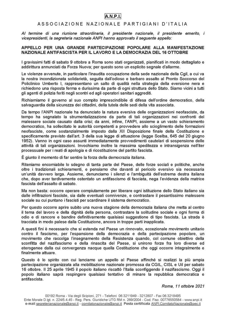 Anpinazionale's tweet photo. "Appello per una grande partecipazione popolare alla manifestazione nazionale antifascista per il lavoro e la democrazia"
Il testo approvato dal presidente, dal presidente emerito,dai vicepresidenti,dalla segreteria #ANPI in una riunione straordinaria
#16ottobre2021maipiùfascismi https://t.co/1mFq73xg2j
