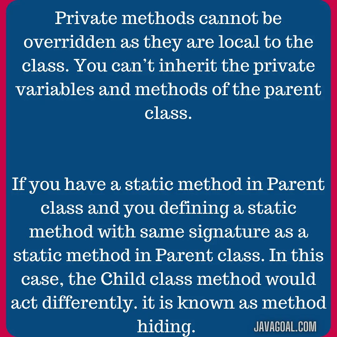 GoalJava's tweet image. Want to read it in detail then click on link:
javagoal.com/method-overrid…
#javadeveloper
#android
#javacode
#codinglife
#Coding
#devcommunity
#CodeNewbie
#CodeNewbies
#WomenWhoCode