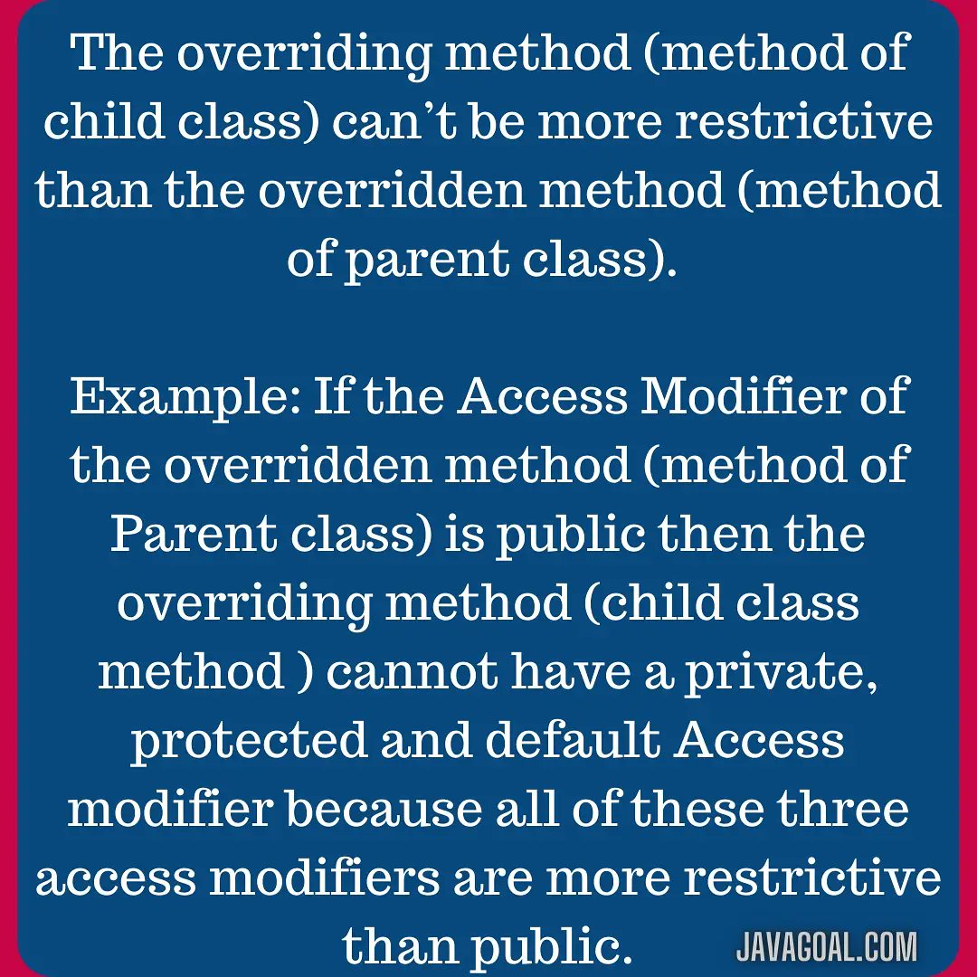 GoalJava's tweet image. Want to read it in detail then click on link:
javagoal.com/method-overrid…
#javadeveloper
#android
#javacode
#codinglife
#Coding
#devcommunity
#CodeNewbie
#CodeNewbies
#WomenWhoCode
