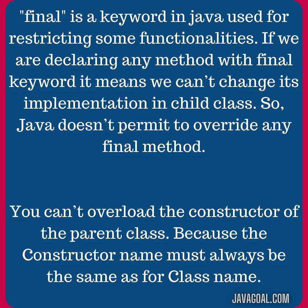 GoalJava's tweet image. Want to read it in detail then click on link:
javagoal.com/method-overrid…
#javadeveloper
#android
#javacode
#codinglife
#Coding
#devcommunity
#CodeNewbie
#CodeNewbies
#WomenWhoCode