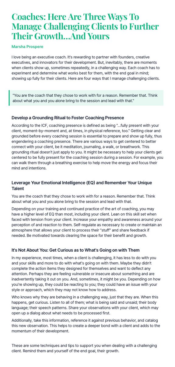 FlowAdept's tweet photo. A question I get asked a lot by fellow coaches is how to deal with challenging clients. 

Here are three ways that I manage this inevitable situation. https://t.co/hEKjDGSQE9
