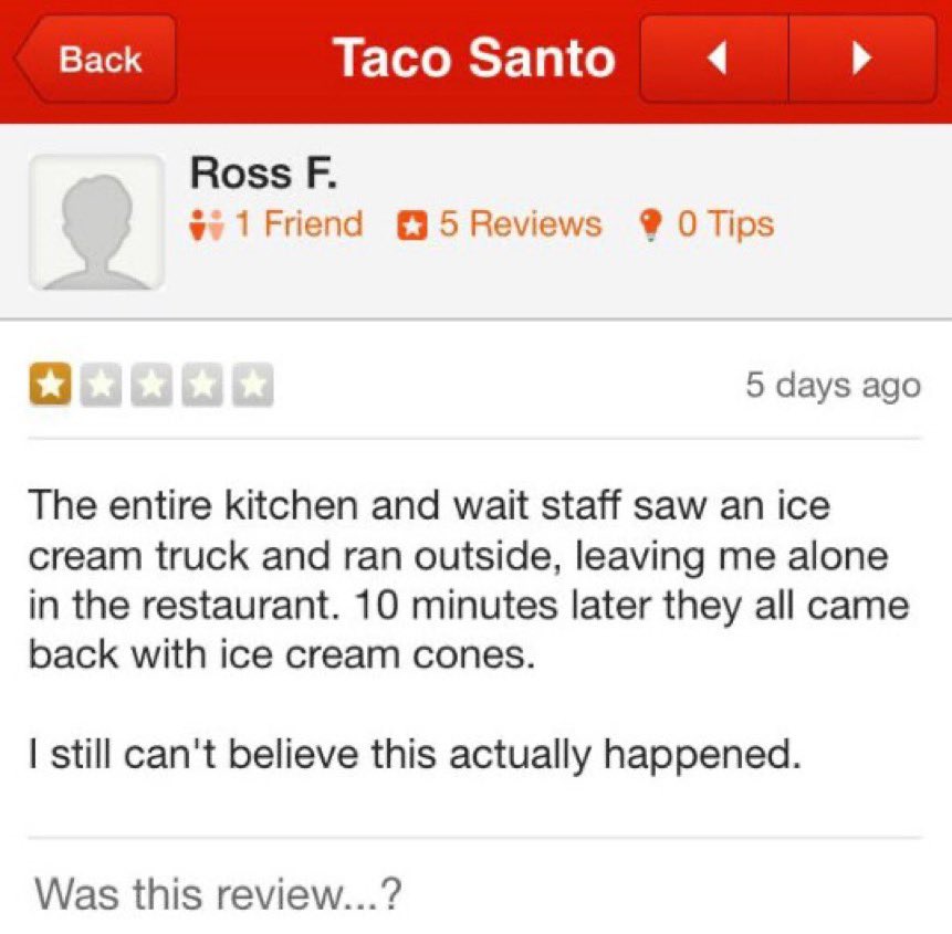 Top_Reviews0's tweet photo. Sounds like a lit wait staff though #YelpReview https://t.co/0G30xrvhuf