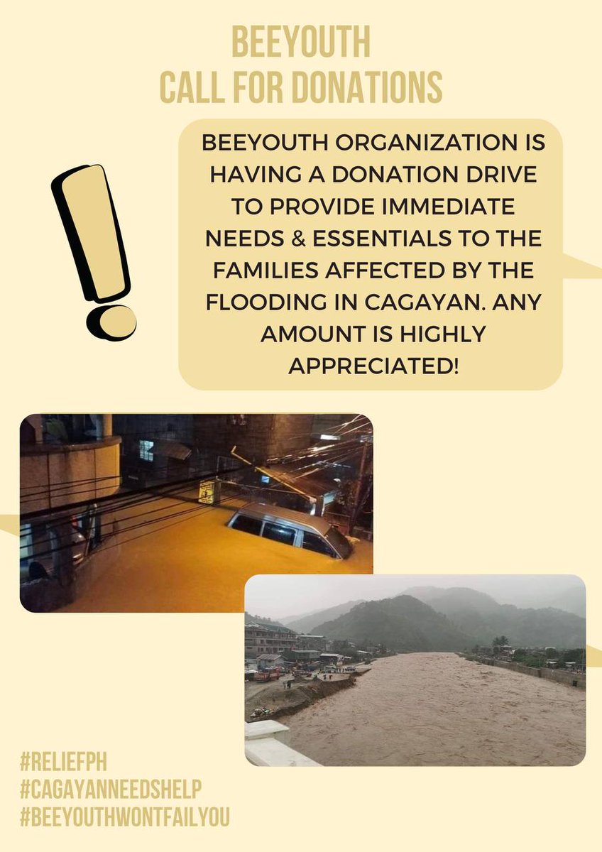 beeyouth__'s tweet photo. Cagayan is yet again facing severe flooding due to #MaringPH. In light with this, we are accepting monetary donations that will benefit the most affected families by this typhoon. Any amount will do & rt is also highly appreciated! π
#CagayanValleyNeedsHelp
#BeeyouthWontFailYou https://t.co/WmiGEhvpzH