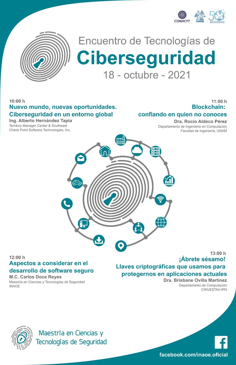 🔐No se pierdan las pláticas dentro del Encuentro de Tecnologías de Ciberseguridad donde daré la platiquita
⬛⛓"#Blockchain: confiando en quien no conoces"
📅 18 de octubre 
💻 <a href="/inaoe/">peter</a>.oficial (Fb)
Programa completo 👇👇👇