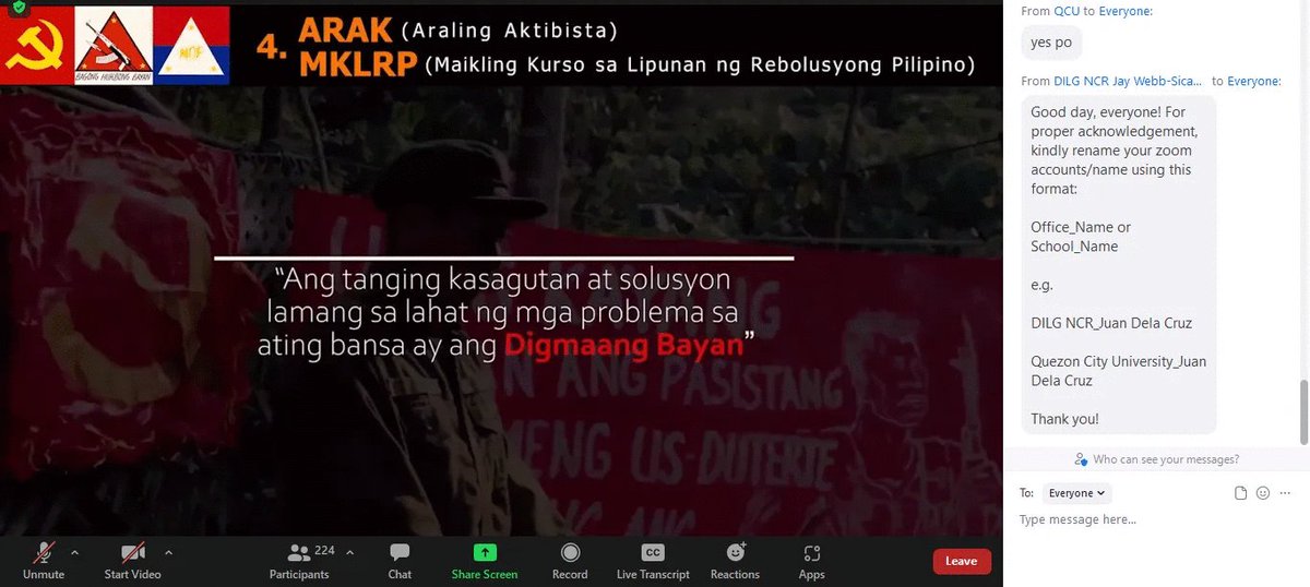 anakbayan_ph's tweet photo. #DuterTerorista Alert!
Kasalukuyang nagsasagawa ng webinar ang DILG at NTF-ELCAC kung saan tahasang nire-redtag ang mga progresibong grupo.

(1/5) https://t.co/DUnVCOdQIr