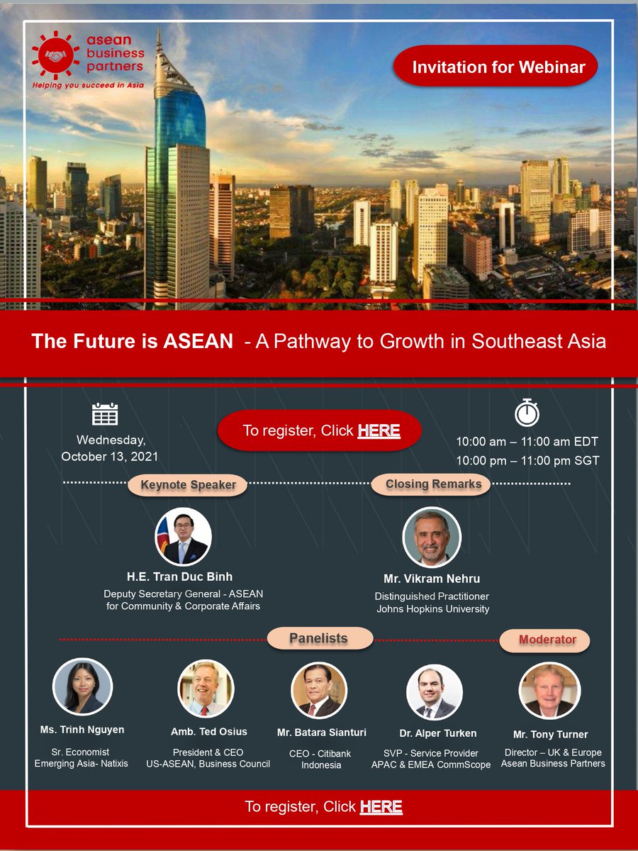 TOMORROW: Join us at The Future is ASEAN - A Pathway to Growth in Southeast Asia webinar.
📅 13 October 
⏰ 10:00 (GMT+8)
💻 lnkd.in/g2VSKMAP

The panelists will highlight ASEAN as an investment destination and the growth opportunities in the region. Register now!