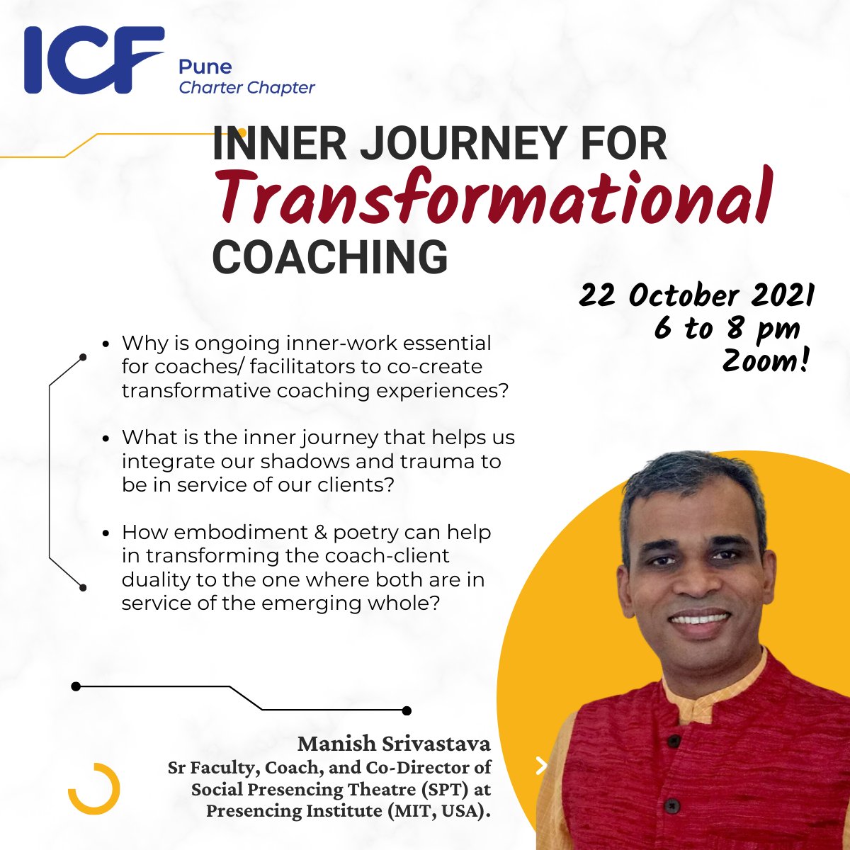 IcfPune's tweet photo. An exciting session coming up on 22nd October 2021 from 6 to 8 pm.
Click here to register https://t.co/QtXSQizZCD
#monthlyevent #coaching #coachcommunity #coachingcommunity #coaches #icf #icfproud #icfpune #icfpunechapter #icfevent #october #transformations https://t.co/K9Qywt9tsC