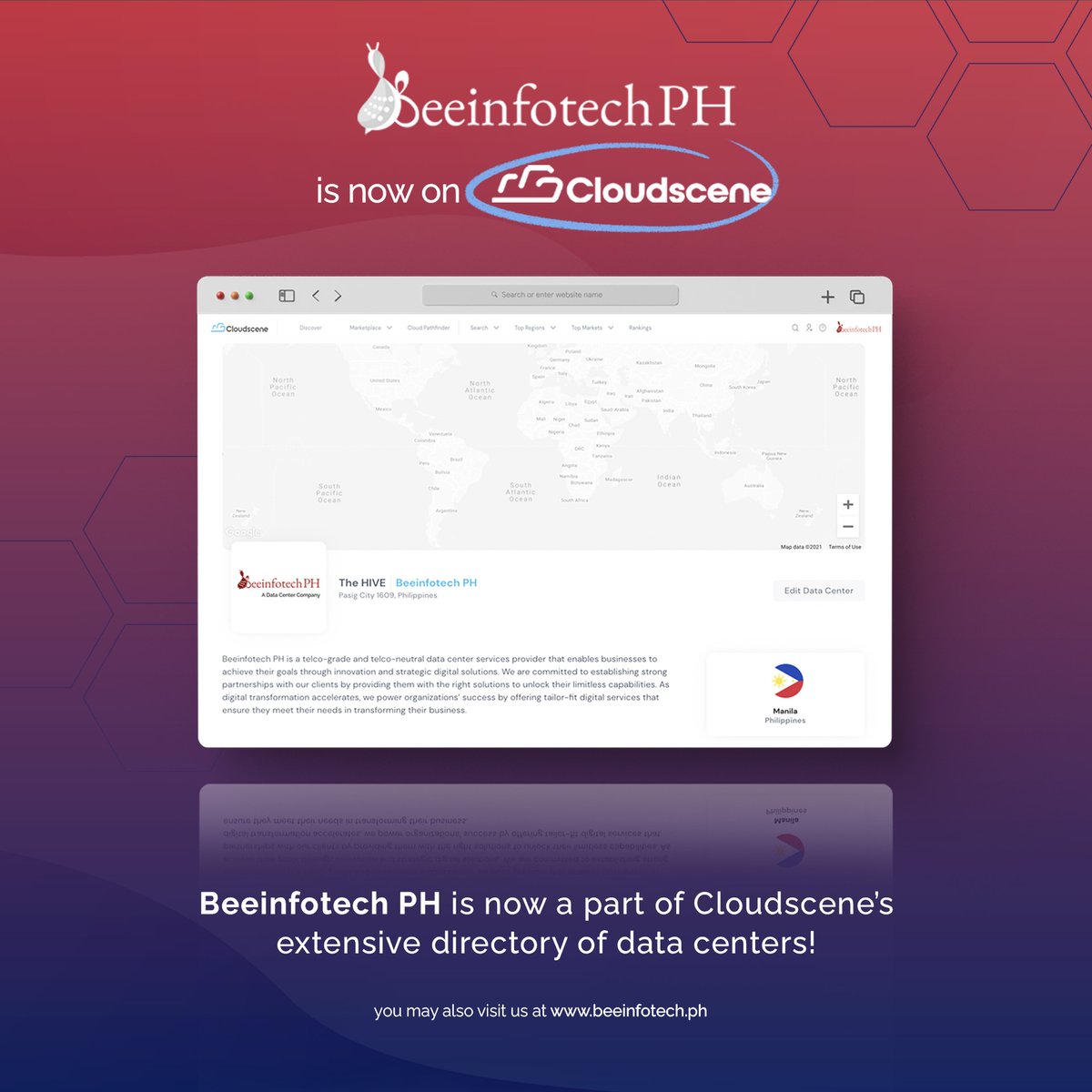 BeeinfotechPH's tweet photo. We are happy to announce that Beeinfotech PH is now a part of @CloudsceneMedia's extensive directory of data centers! #BeeinfotechPH #Datacenter #Cloudscene https://t.co/cK5QyH2nIT