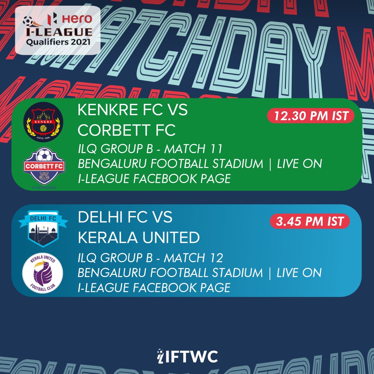 IFTWC's tweet photo. It's MATCHDAY!
Delhi FC, Kerala United and Kenkre FC will look to seal their place in the top 2 of Group B in the I-League qualifiers 🔥
#DelhiFC #KUFC #KenkreFC #CorbettFC #ILeague #ILeague2 #IndianFootball #IFTWC https://t.co/CxIca9VXcg
