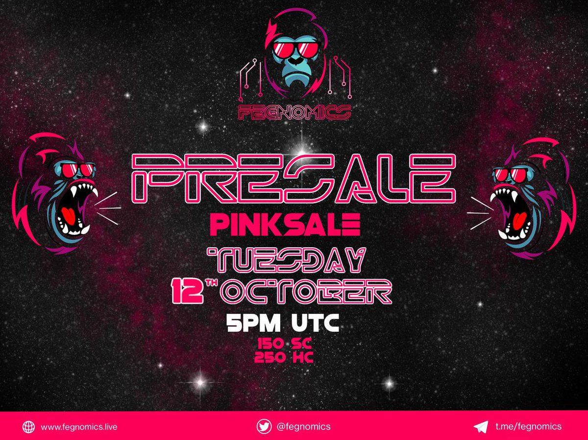 Fegnomics's tweet photo. The Best “-nomics” REBASE token yet to be launched!
🦍Presale Tuesday 12th October 
🦍Hardcap 250 BNB
🦍Min - 0.1BNB
🦍Max - 1 BNB
⭐️Low initial market cap Moon Mission⭐️
💎Be prepared to finally Moon💎
Telegram 🔹-

https://t.co/3EAAA4IXno https://t.co/Djx9RtzlsD