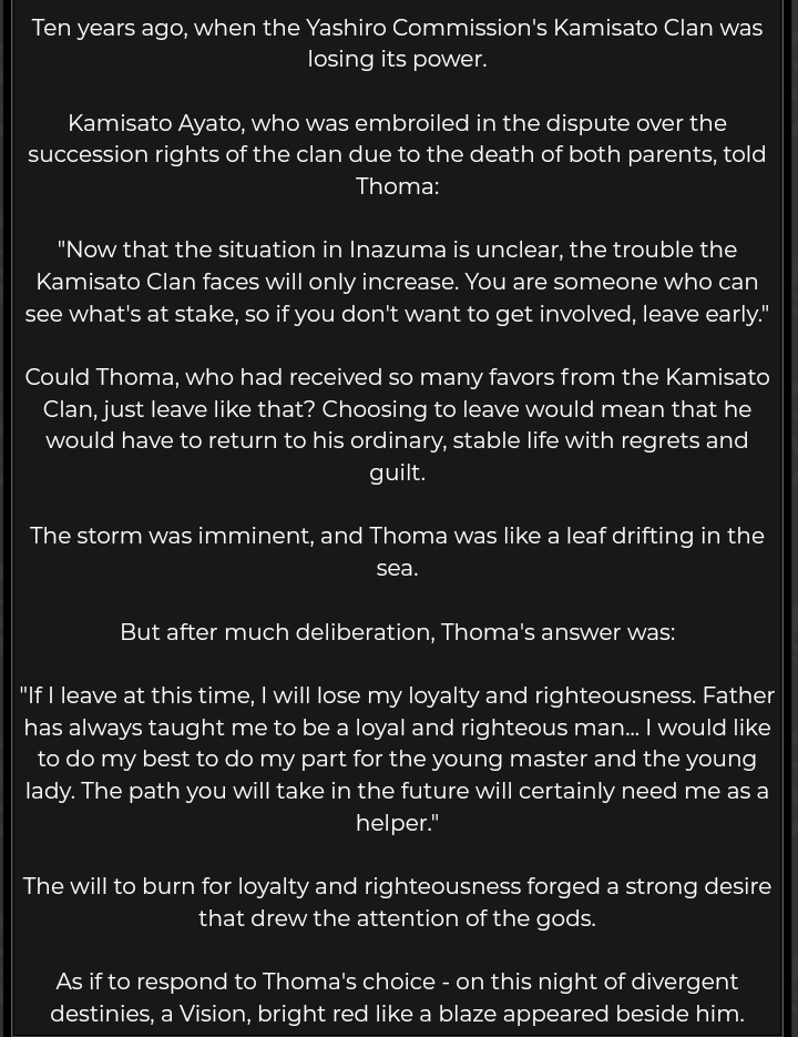 ayatohour's tweet photo. // spoilers

THOMA GOT HIS VISION BECAUSE OF HIS LOYALTY TO AYATO AND HIS CLAN https://t.co/3E3ju41UHx