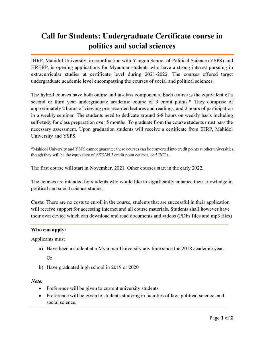 lhrpMahidol's tweet photo. Call for Students: Undergraduate Certificate course in politics and social sciences 
More detail:
https://t.co/uDGlfng6Kk
#IHRP #CallforStudents https://t.co/QyEXaydBNf