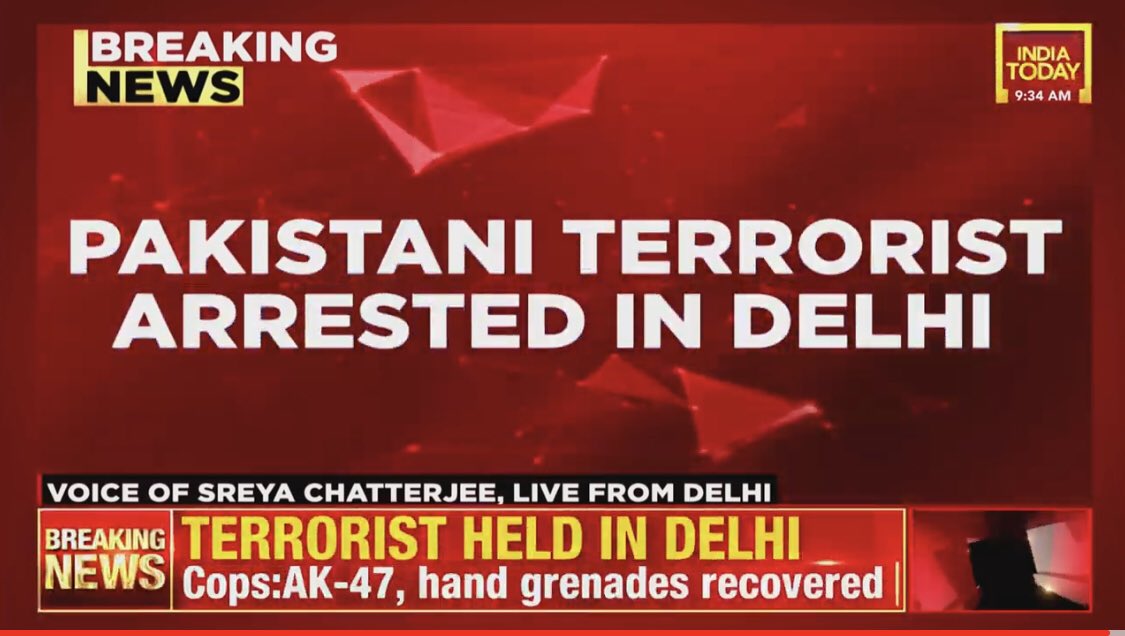 ShivAroor's tweet photo. JUST IN: Pakistan national terrorist arrested in Delhi, interrogation on by Delhi Police special cell, reports @arvindojha. Identified as Mohd Ashraf, resident of Narowal, Pakistan, arms/ammo recovered from him. https://t.co/f8pTcTqIBA