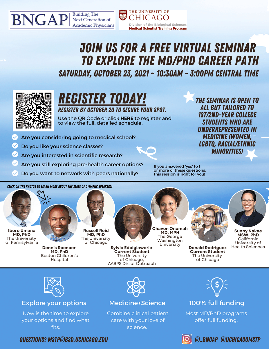 AABlackPS's tweet photo. Please join us for an @AABPS x @BNGAP MD/PhD Exploration Event, a free virtual seminar with panelists ranging from current #physicianscientist trainees to senior MD/PhDs. Saturday Oct. 3 10:30-3PM CST. Register today to secure your spot. #medtwitter #mdphd #mudphuds https://t.co/JJqn90ptA4