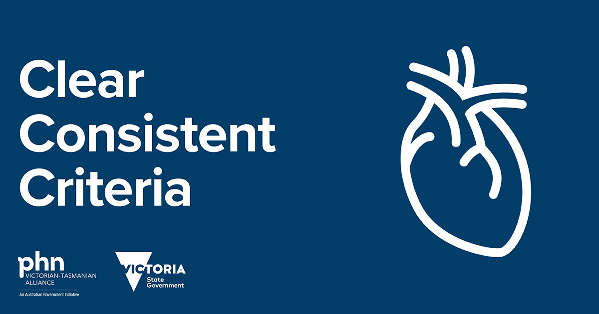 Victorian and Tasmanian PHN Alliance (@vtphna) on Twitter photo Statewide specialist clinic referral criteria now exist for select cardiology conditions.
View the criteria:
- on your local HealthPathways or care pathways site: bit.ly/32ysyYk
- or the <a href="/VicGovDH/">Victorian Department of Health</a> website: bit.ly/2MxFF3g
#ClearConsistentCriteria Statewide specialist clinic referral criteria now exist for select cardiology conditions.
View the criteria:
- on your local HealthPathways or care pathways site: bit.ly/32ysyYk
- or the <a href="/VicGovDH/">Victorian Department of Health</a> website: bit.ly/2MxFF3g
#ClearConsistentCriteria