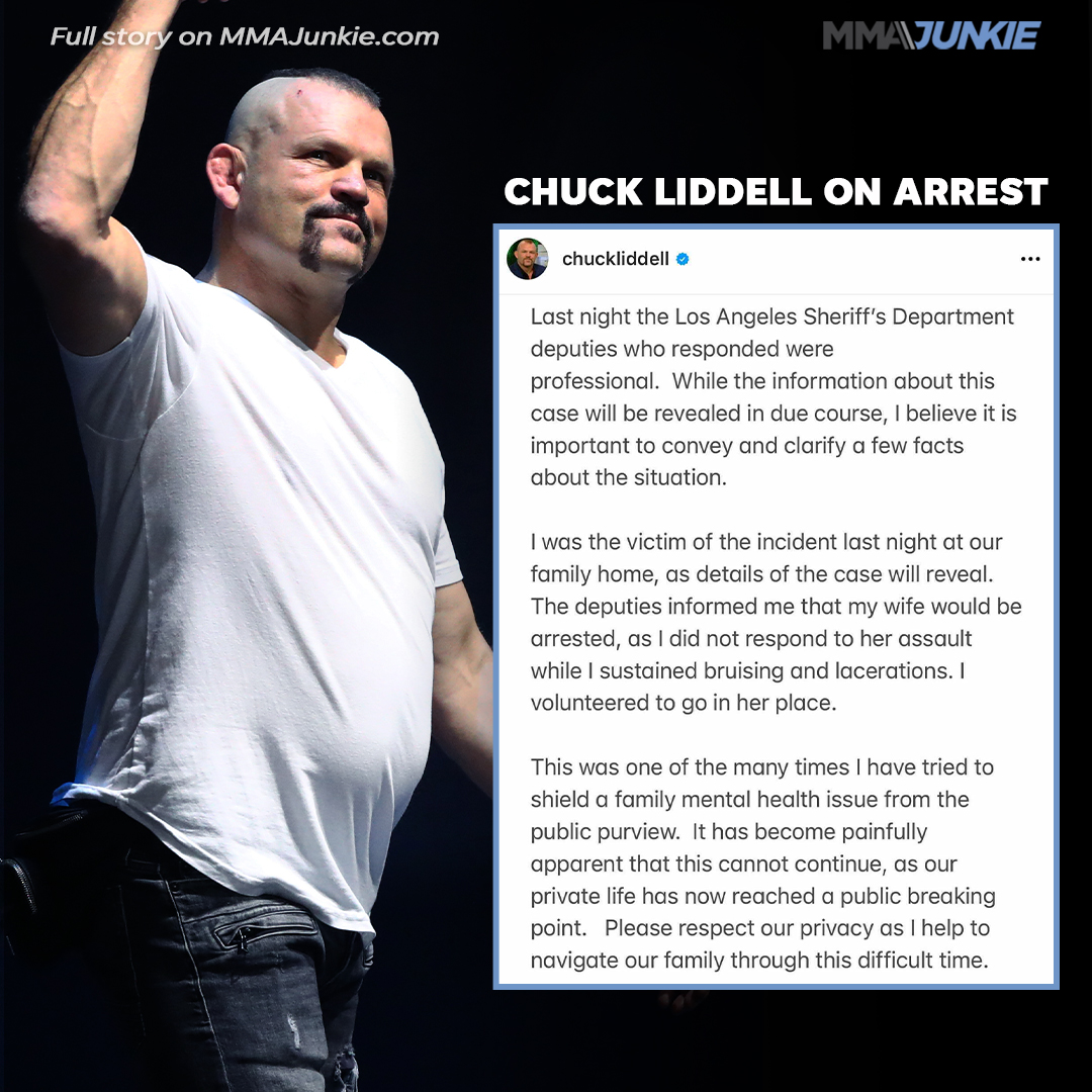 MMAJunkie's tweet photo. UFC legend Chuck Liddell issued a statement on his arrest for a domestic violence charge.

Full story: https://t.co/xahwL7xsBk https://t.co/zdtX8NTpDW