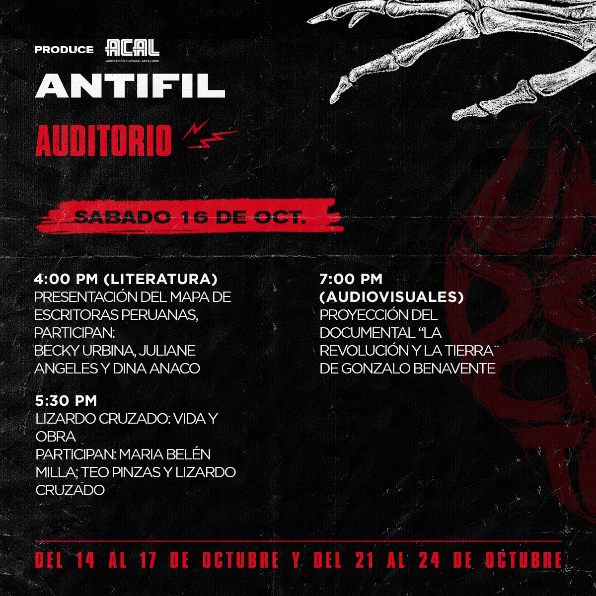 AntifilOficial's tweet photo. ¡Presentamos la #ProgramaciónPresencial de la #Antifil2021! Estamos del 14 al 17 de y del 21 al 24 de #octubre. ¡El ingreso es libre! 😊
Lxs esperamos en la Asociación Guadalupana (Alfonso Ugarte 1398, Breña). 🙌 (1/2) 👇
#Literatura #unidoscientos #cultura #arte #libros https://t.co/SRvK3G3wCQ