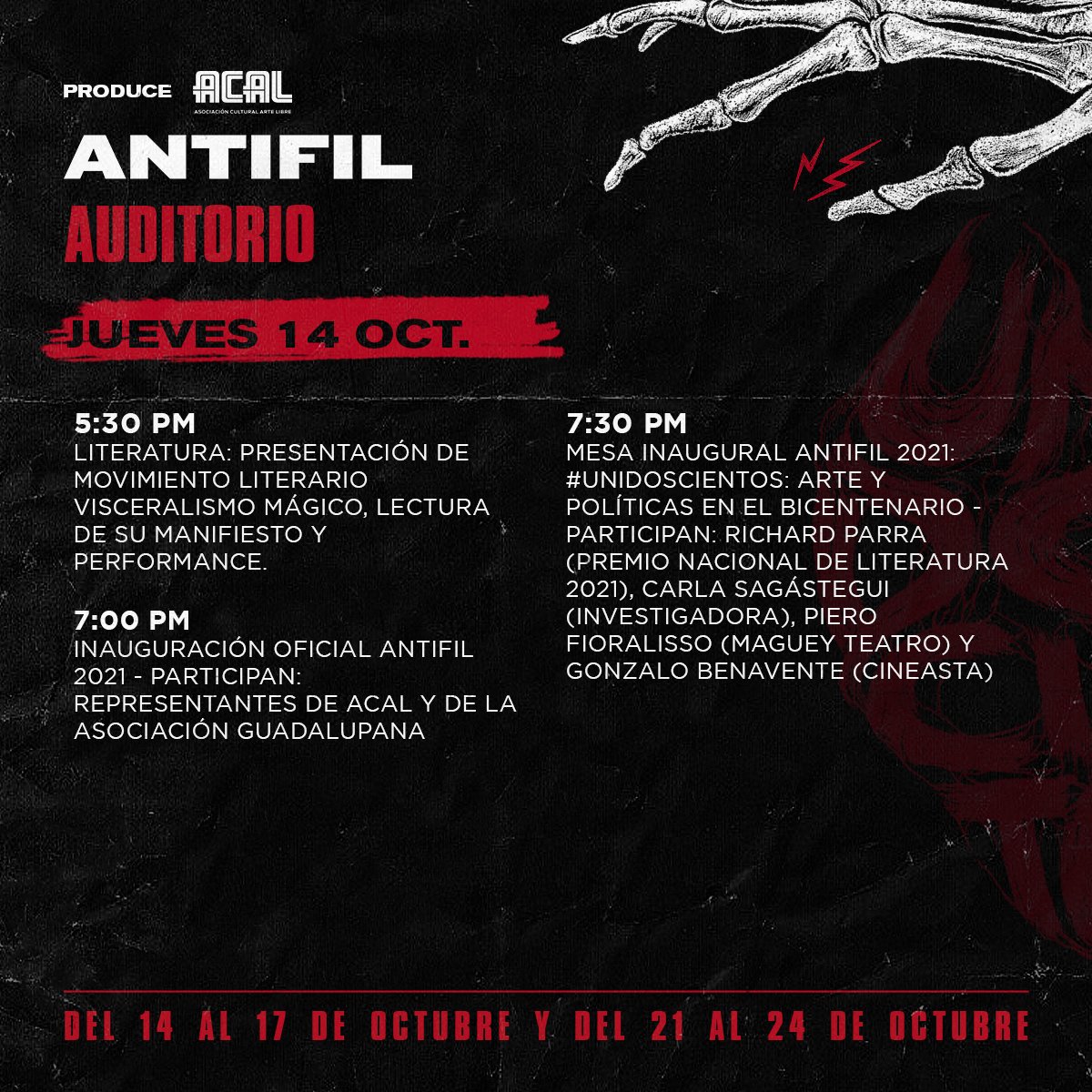 AntifilOficial's tweet photo. ¡Presentamos la #ProgramaciónPresencial de la #Antifil2021! Estamos del 14 al 17 de y del 21 al 24 de #octubre. ¡El ingreso es libre! 😊
Lxs esperamos en la Asociación Guadalupana (Alfonso Ugarte 1398, Breña). 🙌 (1/2) 👇
#Literatura #unidoscientos #cultura #arte #libros https://t.co/SRvK3G3wCQ