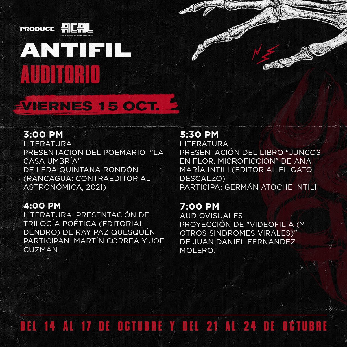 AntifilOficial's tweet photo. ¡Presentamos la #ProgramaciónPresencial de la #Antifil2021! Estamos del 14 al 17 de y del 21 al 24 de #octubre. ¡El ingreso es libre! 😊
Lxs esperamos en la Asociación Guadalupana (Alfonso Ugarte 1398, Breña). 🙌 (1/2) 👇
#Literatura #unidoscientos #cultura #arte #libros https://t.co/SRvK3G3wCQ