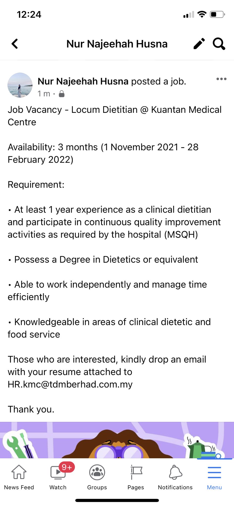 Najeehah The Dietitian On Twitter Assalamualaikum And Hi Guys There Is A Job Vacancy In Kuantan Medical Centre As A Locum Dietitian You May Send Your Email To Hr Kmc Tdmberhad Com My