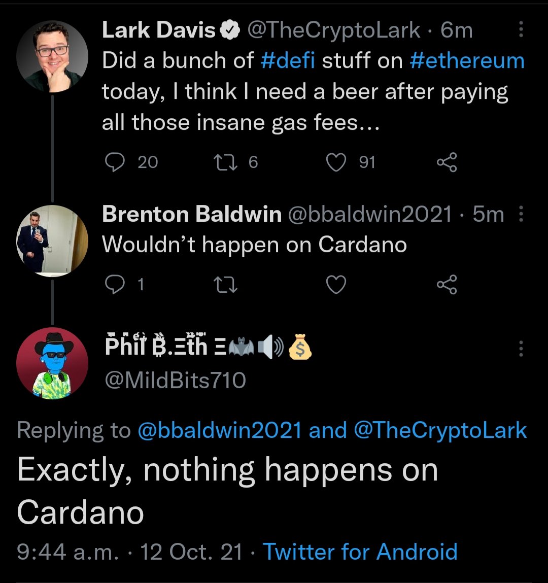Let's just say <a href="/Cardano/">Cardano Community</a> is the best. Best in doing nothing😉
<a href="/MildBits710/">Mildbits710.eth Ξ 🦇🔊</a> gets it, i hope @bbaldwin2021 does soon too.