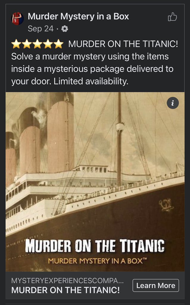 adrahayward's tweet photo. Going out on a limb here, but Im going to guess it was Mother Nature, in the ocean, with an iceberg. 

#MurderOnTheTitanic
#ProbablyTooSoon https://t.co/O10zPPkBVF