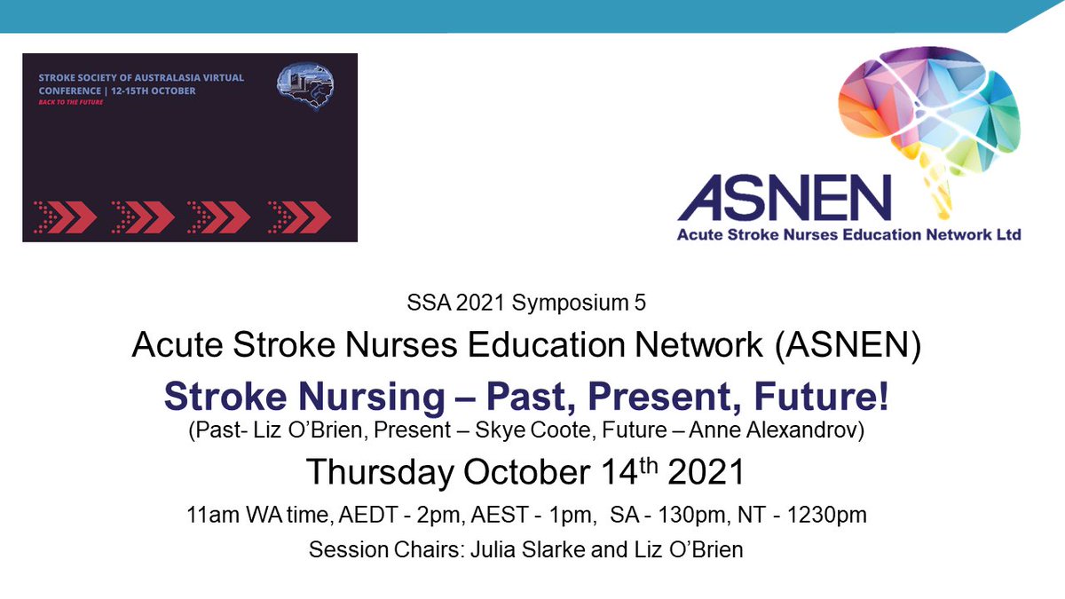 ASNEN_au's tweet photo. We're looking forward to the ASNEN symposium at SSA2021 virtual conference 
Thursday 14 October 2021
11am WA time, 2pm AEDT
Stroke Nursing- Past - Liz O’Brien, Present - Skye Coote, Future- Anne Alexandrov. 
Please join us!!!!!
 #strokenursing #stroke #nurseeducation #nursing https://t.co/A9Wg7VXNlC