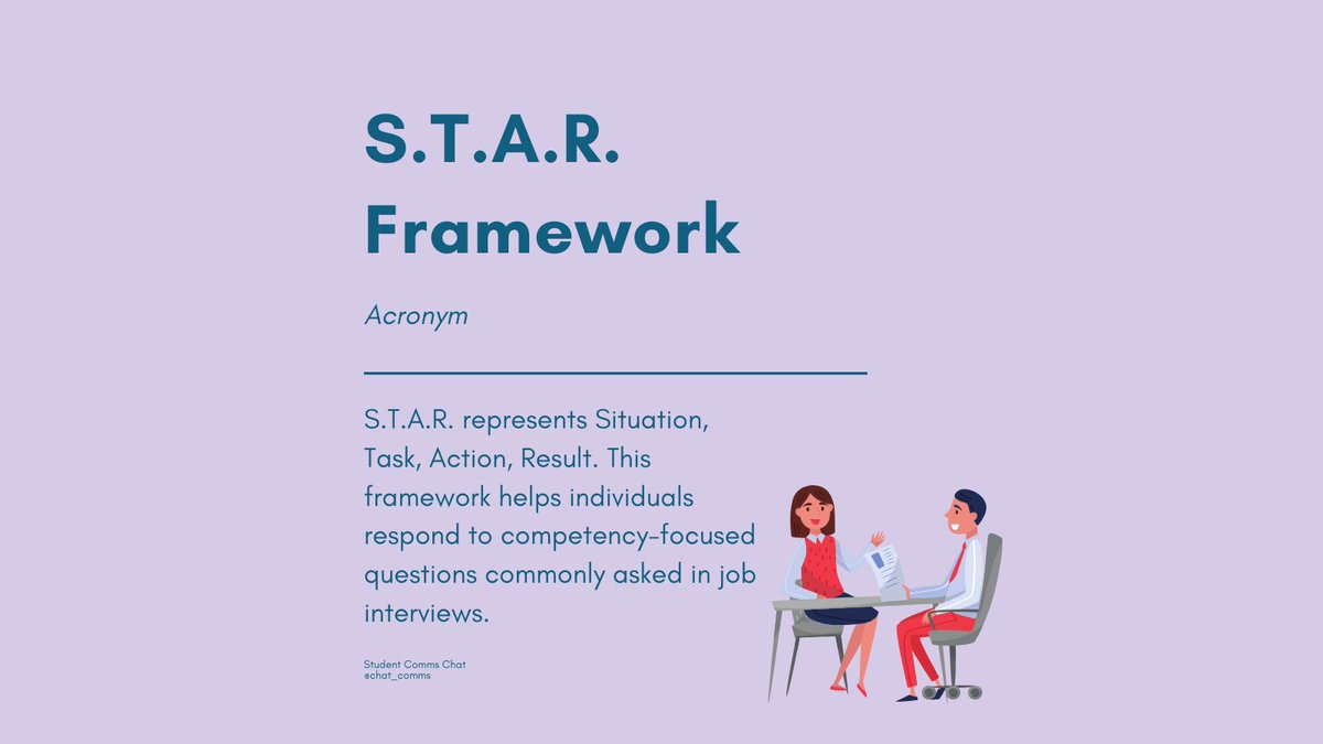 chat_comms's tweet image. 💡Today’s word is S.T.A.R. Framework. 

❓Have you ever struggled to provide succinct answers in an interview? 

🌟S.T.A.R. Framework can help with this.

Like if this would be beneficial for you❤️
#studentcommschat #starframework #interviewresponses #staracronym #interviewready