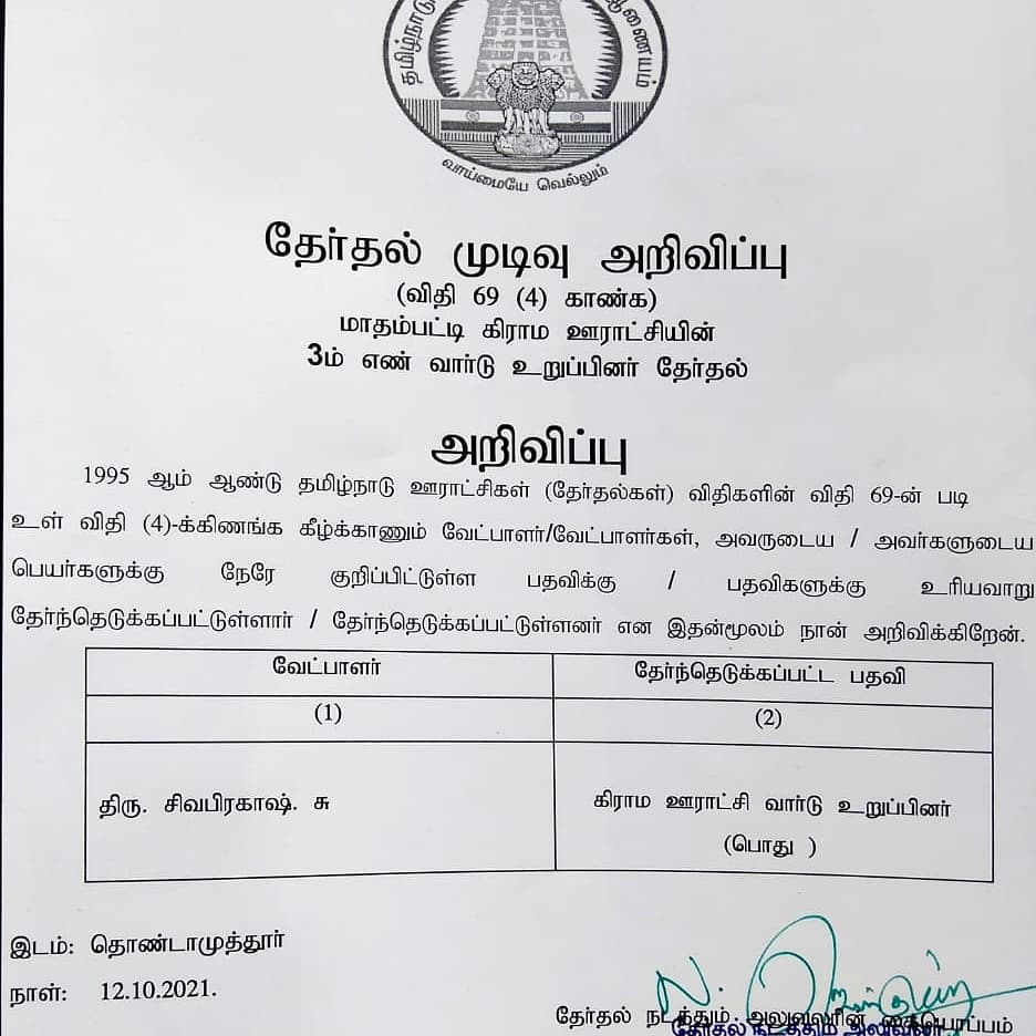 DmkSenathipathi's tweet photo. மக்கள் மனங்களை வென்ற மகத்தான ஆட்சிக்கு சாட்சியாக இன்று நடந்து முடிந்த ஊரக உள்ளாட்சி இடைத்தேர்தலில் கோவை மாவட்டம் மாதம்பட்டி ஊராட்சி வார்டு உறுப்பினர் பதவிக்கு போட்டியிட்ட தம்பி சிவப்பிரகாசம் அவர்கள் அதிகப்படியான வாக்கு வித்தியாசத்தில் வெற்றி பெற்று வந்துள்ளார். https://t.co/luCY102Rq4