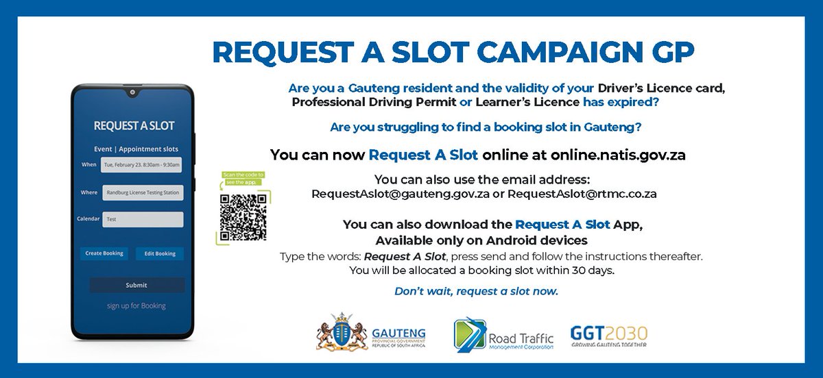 Theo_Nkonki's tweet photo. There is a convenient way of securing a booking slot for renewing your driver's licence, proffessional driving permit #RequestASlotGP Let's not wait, request your slot now https://t.co/luq7oGPSLQ