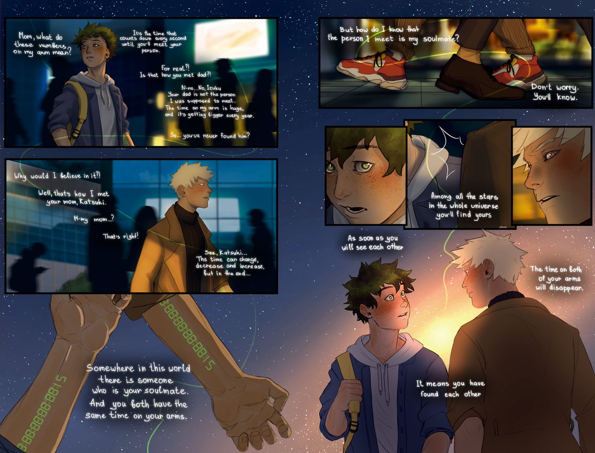 _krisschan's tweet photo. We were allowed to post our pieces some time ago, but I'm just doing it now. And here's my comic I did for @BkDkStarsAlign zine and I'm literally so proud of how it came out!🥺 They finally found each other💚🧡
#bakudeku #katsudeku https://t.co/l6phmm6bUR