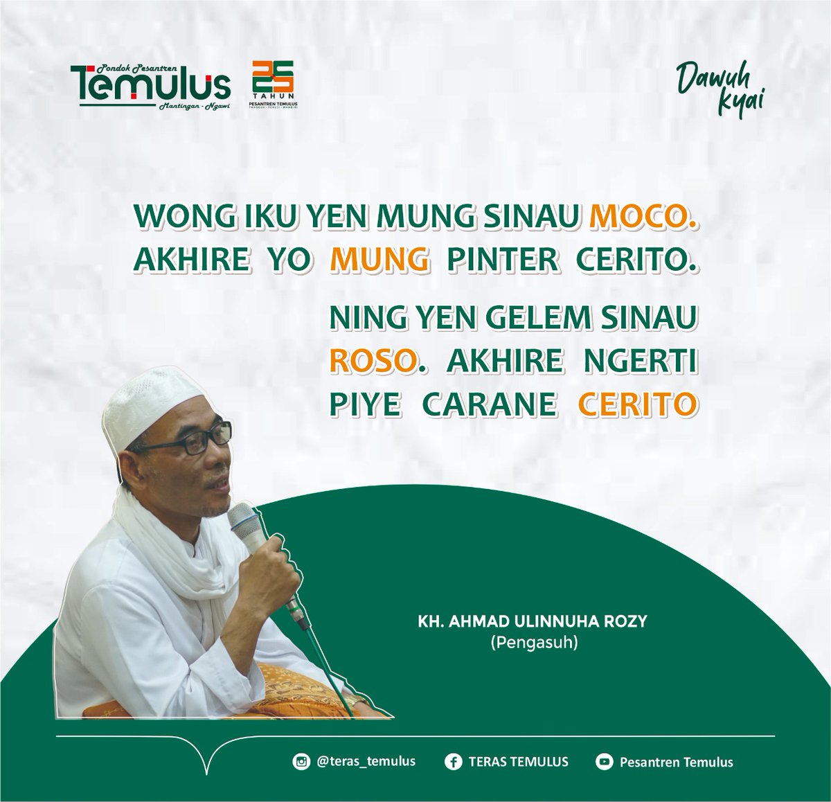 Ponpes_Temulus's tweet photo. Jika hanya belajar dari teks, akhirnya hanya bisa bercerita. Namun jika mau belajar rasa, buahnya adalah mengerti bagaimana cara bercerita. https://t.co/Iku48Kt3tx