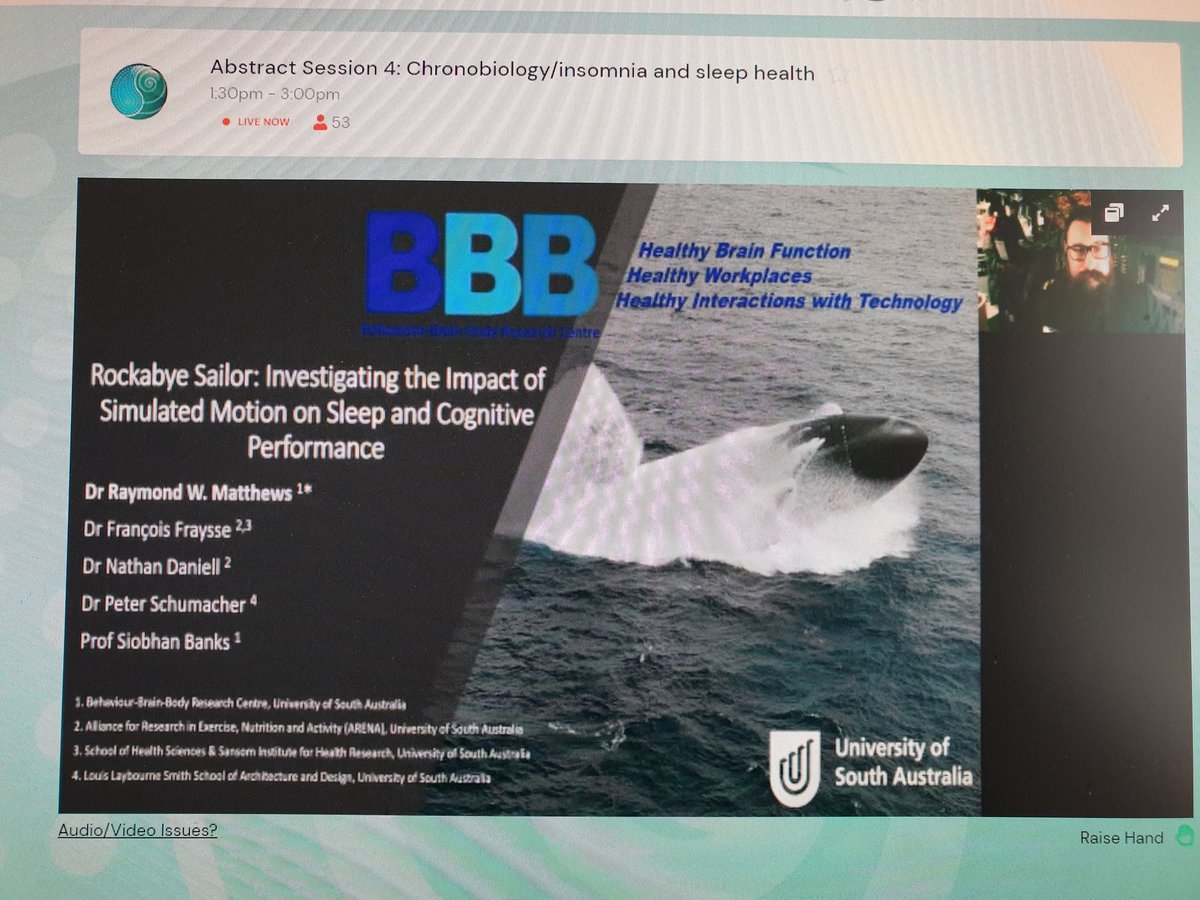 Great talk @DrRayMatthews! Important to develop an evidence base for sleep arrangements on board maritime platforms #SDU2021 #sleep #performace #humanfactors @BBBRC_ @unisaresearch @DefenceScience @unisasleeplab