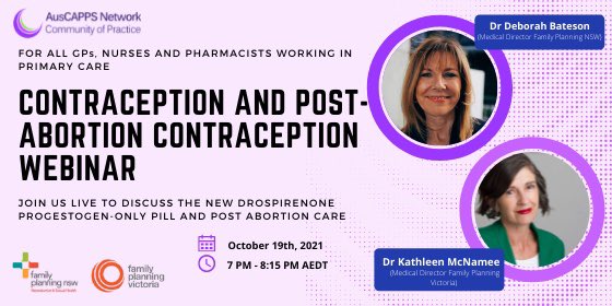 Danielle_Mazza's tweet photo. One week to go till the AusCAPPS webinar with contraception gurus @DrDebBateson and @FPV_AUS Kathy McNamee on post abortion contraception &amp; the new drosperinone POP. A must attend for all GPs, GP trainees, practice nurses and pharmacists. Register here https://t.co/Ayj7azE5m6 https://t.co/Rp7LA1MAcV