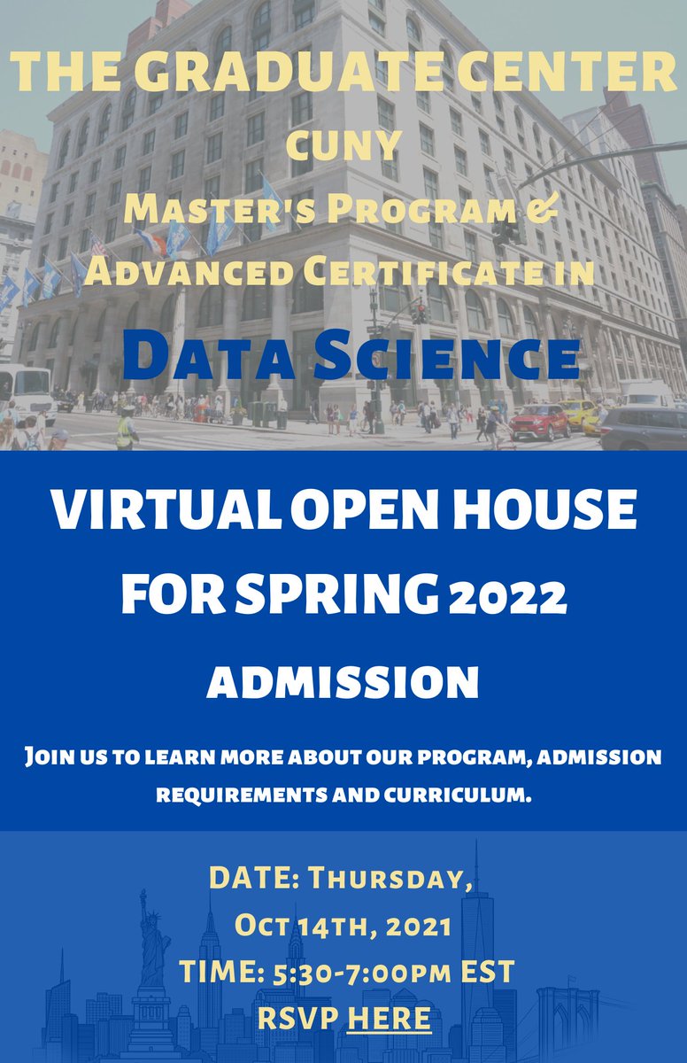 Join us October 14th for a virtual open house of the M.S. and Adv. Certificate Program in Data Science at the Graduate Center. We will be offering information on admission requirements, course offerings, and research labs. Registration can be found here: 
jjay-cuny.zoom.us/meeting/regist…