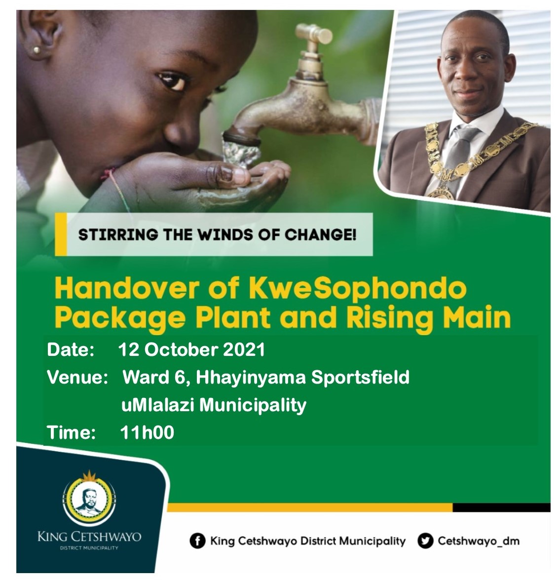 Cetshwayo_dm's tweet photo. King Cetshwayo will hand over the much-anticipated KweSophondo Rising Main and Package Plant at Ward 6 Umlalazi Municipality today. The project will change the lives of the community living in the Emankenganeni area after many years of water challenges.  #stirringthewindsofchange https://t.co/Yws0ETcF5K