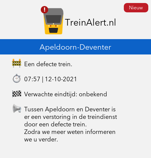 TreinAlert's tweet photo. 🚨 Apeldoorn-Deventer
🚧 Een defecte trein.

Tussen Apeldoorn en Deventer is er een verstoring in de treindienst door een defecte trein. Zodra we meer weten informeren we u verder.

#Treinleven #Apeldoorn #Deventer https://t.co/Gif1hoAxzM