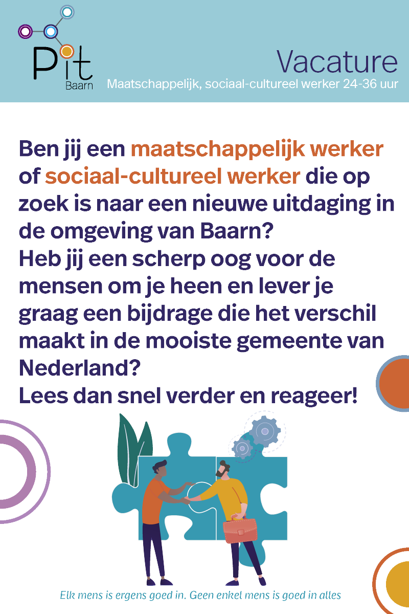 Kijk jij over grenzen heen en zie je wat de inwoner echt nodig heeft? Reageer dan op de vacature Maatschappelijk, sociaal-cultureel werker bij Pit Baarn. zcu.io/wL1j 
#vacature #Welzijn #Baarn #regioeemland #zorg #sollicitatie @maatschappelijkwerker #welzijn