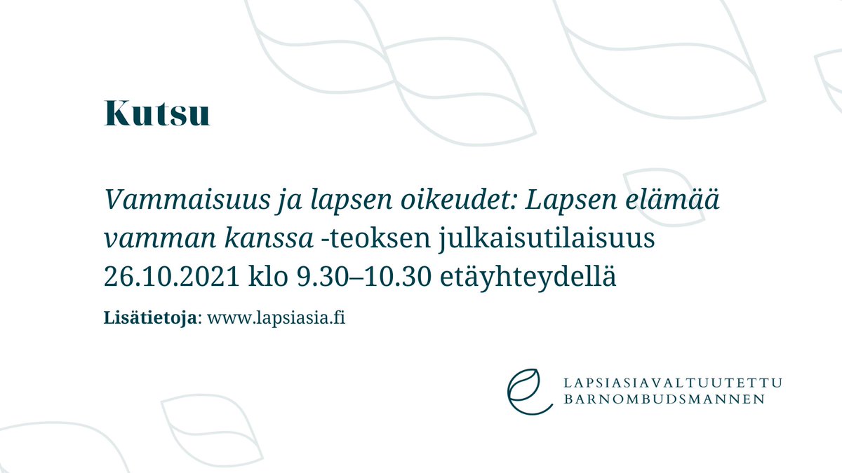 Lapsiasia's tweet photo. Tervetuloa teoksen "Vammaisuus ja lapsen oikeudet: Lapsen elämää vamman kanssa" julkaisutilaisuuteen 26.10.
Julkaisutilaisuuden teemoina:
🌱Oikeudet yhdenvertaisuuden tukena
🌱Yhdenvertaisuus instituutioissa
🌱Arjen osallisuus.
Tilaisuus tulkataan suomalaiselle viittomakielelle. https://t.co/EfNj9NrPnC